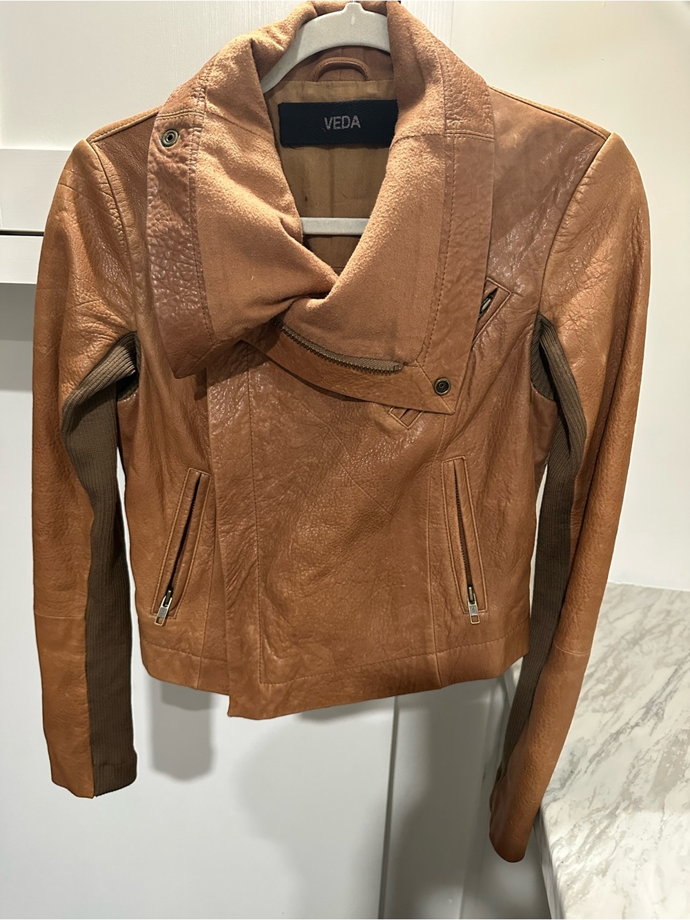 Veda Cognac Leather Asymmetric Moto Jacket